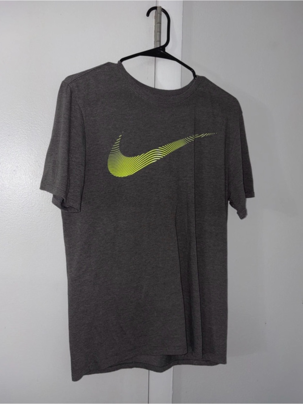 Nike Men's Dark Gray Short Sleeve Tee with Neon Green Swoosh